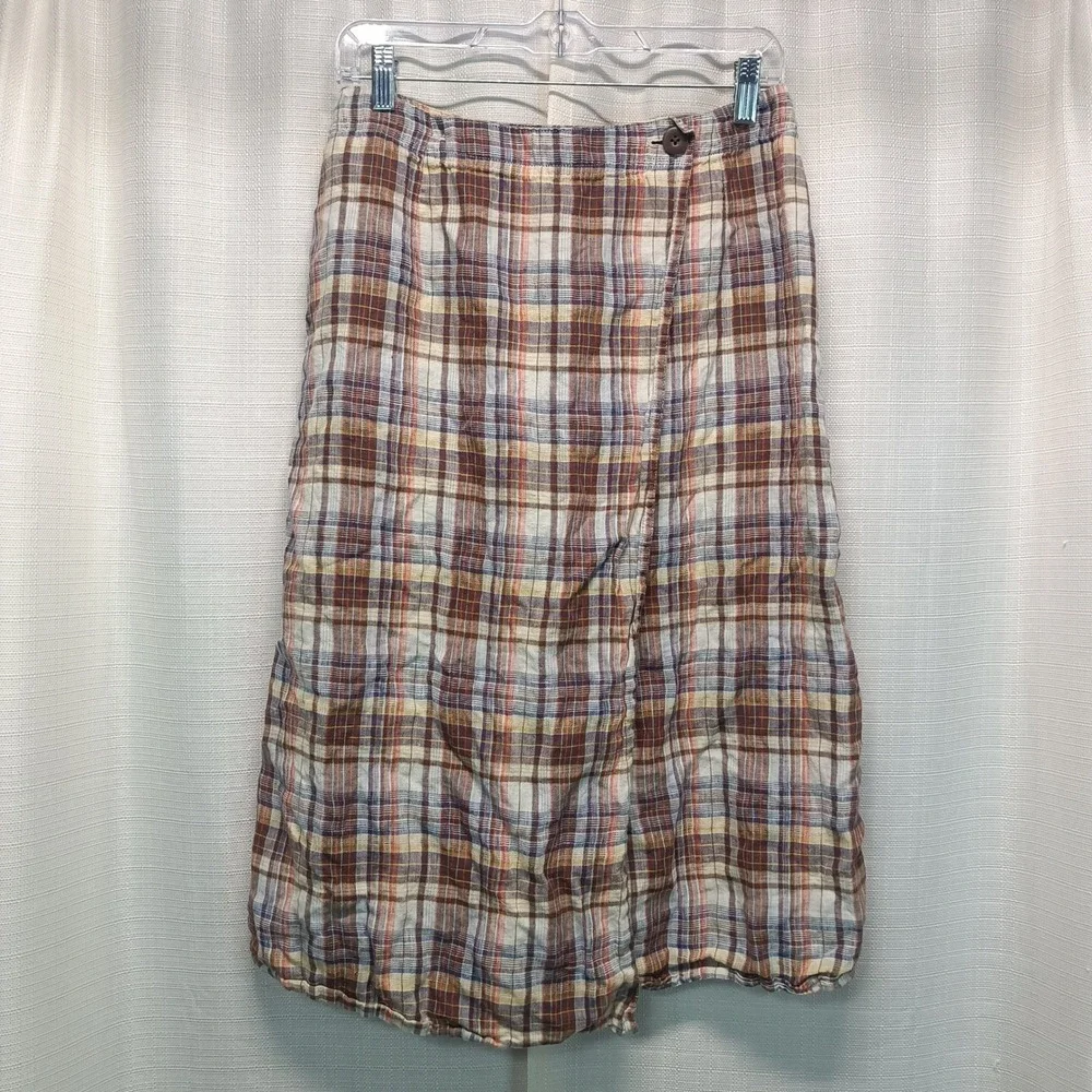 Eddie Bauer Women 4P Petite Plaid Linen Wrap Midi Skirt Brown Orange Blue Casual